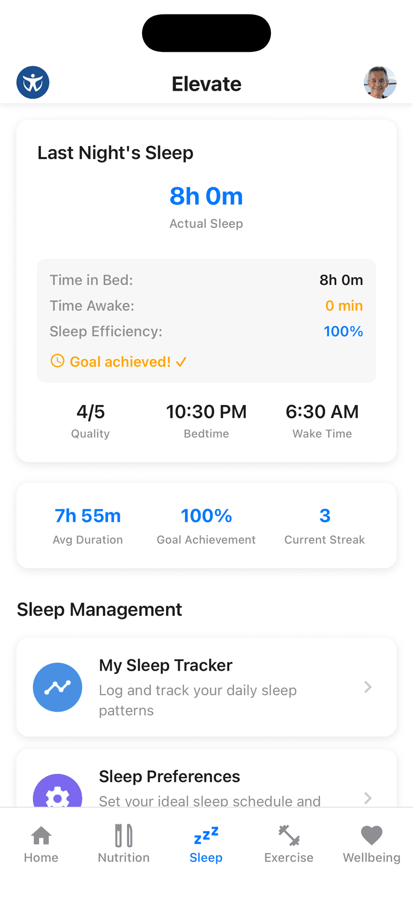Elevate sleep tracking page showing sleep quality analysis and patterns