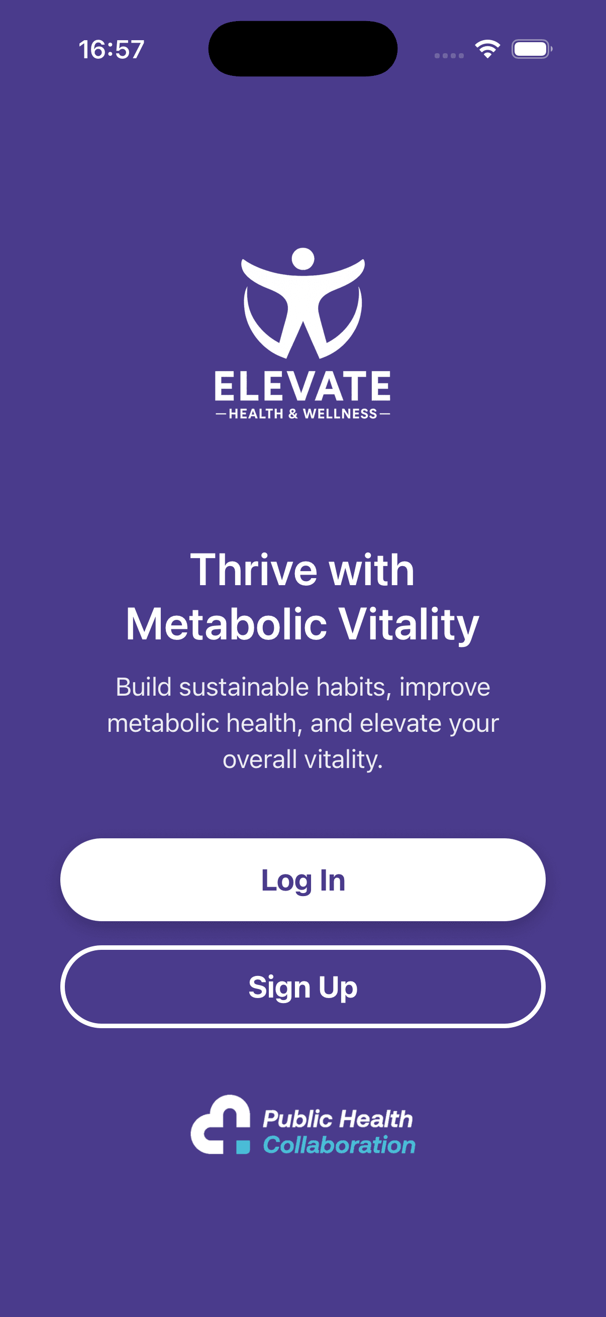 Elevate app landing page showing daily health tracking overview