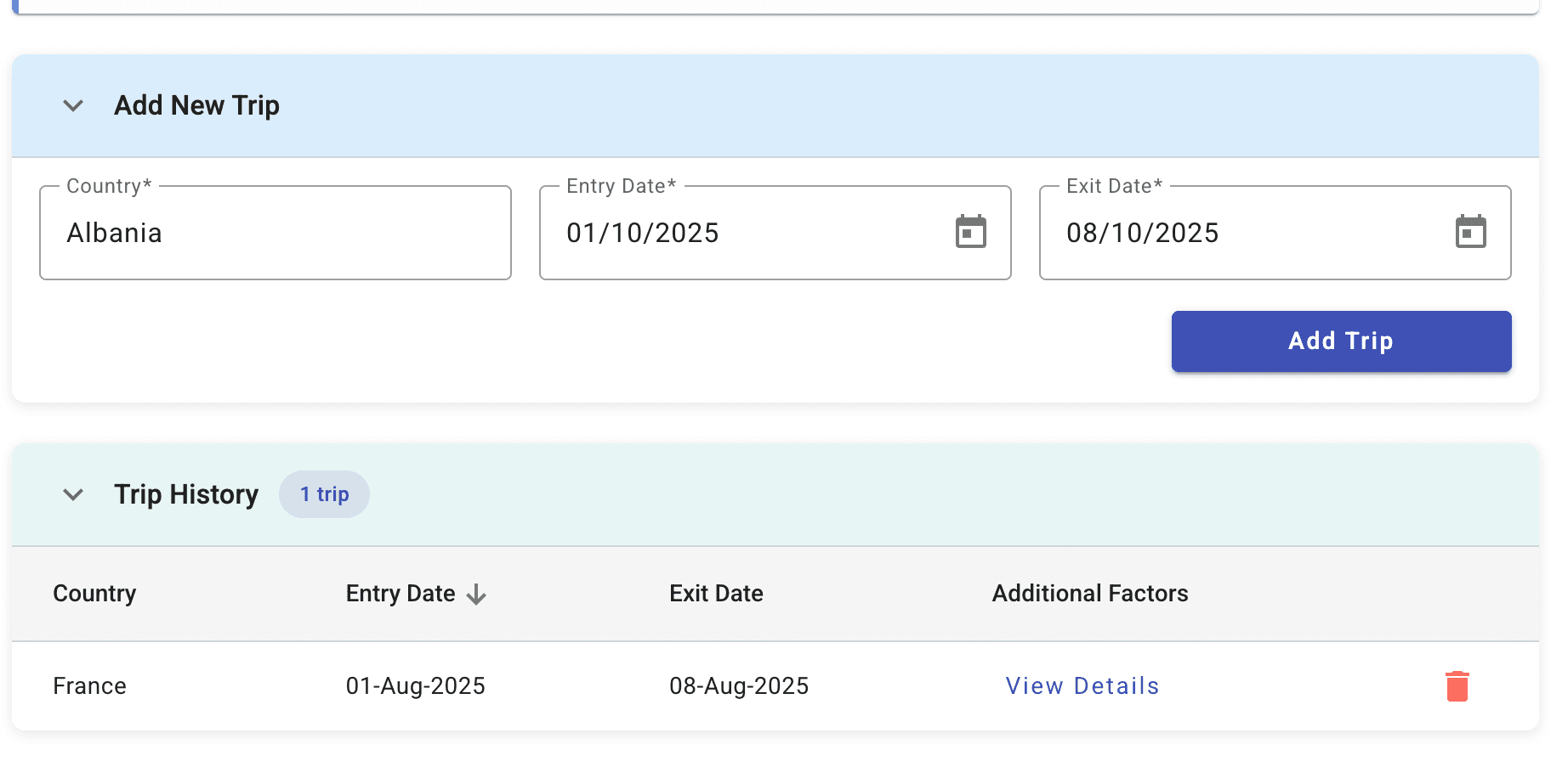Multiple country trip history interface showing France and other destinations